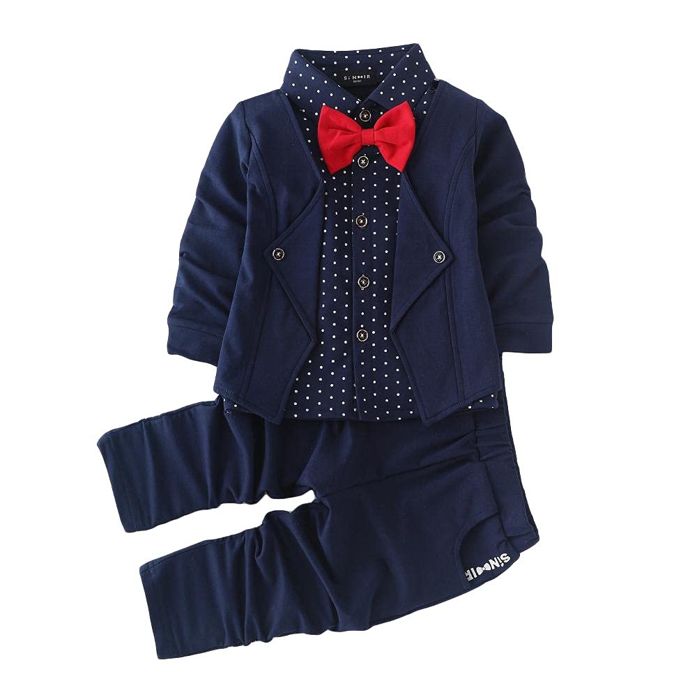 Hopscotch Boys Cotton Blazer Style Formal Shirt and Pant Set with Bow in Navy Colour